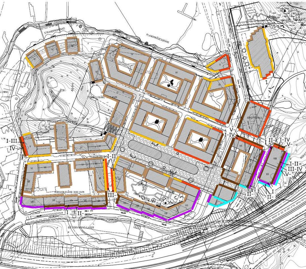 på max 35 m2 kan planeras utan speciella åtgärder mot en fasad med högst 65 db(a). Om fasaderna har en högre ekvivalentnivå måste buller- och störningsminskande åtgärder tas fram.