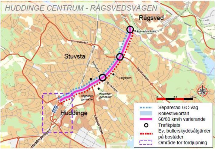 13(25) 3.2 Busskörfält mellan Björknäsvägen Rågsvedsvägen Längs Huddingevägens föreslås busskörfält i både norrgående och södergående riktning mellan Björknäsvägen och Rågsvedsvägen.