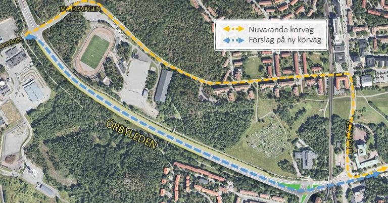 15(25) 3.4 Åtgärdspaket Örbyleden En ny uträtad linjesträckning föreslås längs Örbyleden istället för Majrovägen.