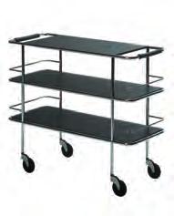 Övre hyllplan 2 st lösa rostfria brickor 290x323 mm alt. 1st bricka 8x323 mm samtliga inkl. svart gummimatta. Hjul med rullbana av polyuretan.