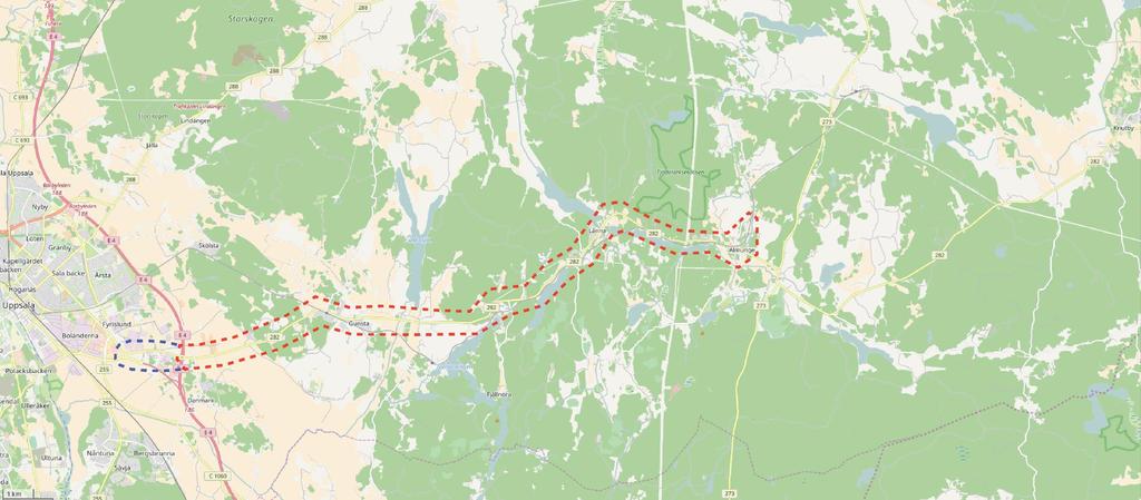 Avgränsningar Väg 282, E4 - Almunge Sekundärt