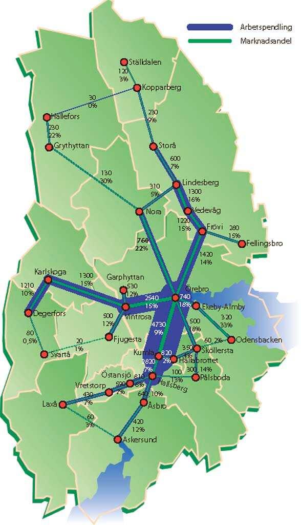 Bara resrelationer med >5 resande är medräknade i den totala arbetspendlingen. De gröna linjerna visar kollektivtrafikens marknadsandel, tätort tätort, aggregerat.