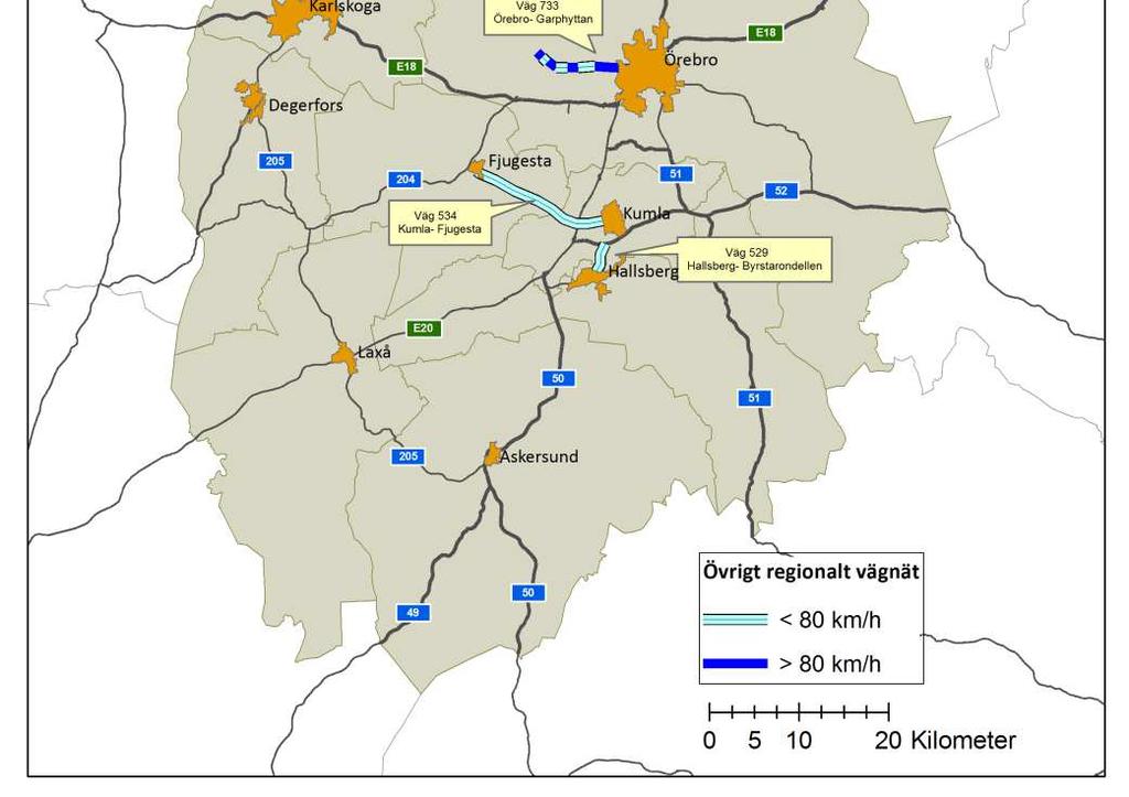 4.4 Övrigt regionalt vägnät Det finns också ett antal vägar med stora trafikmängder men med en mer lokal funktion. Detta gäller framför allt några vägar runt större orter, framför allt runt Örebro.