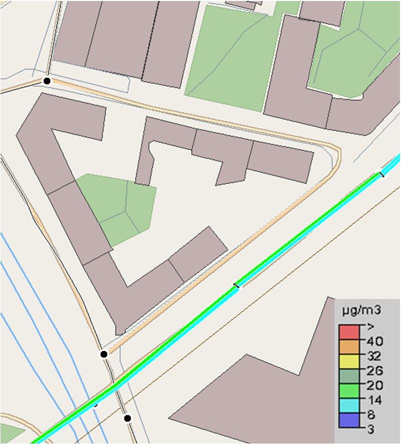 Bilaga 1 Luftföroreningshalterna är beräknade utifrån att ny bebyggelse är uppförd inom Bävern 9. Den nya bebyggelsen syns dock inte i figurerna nedan.