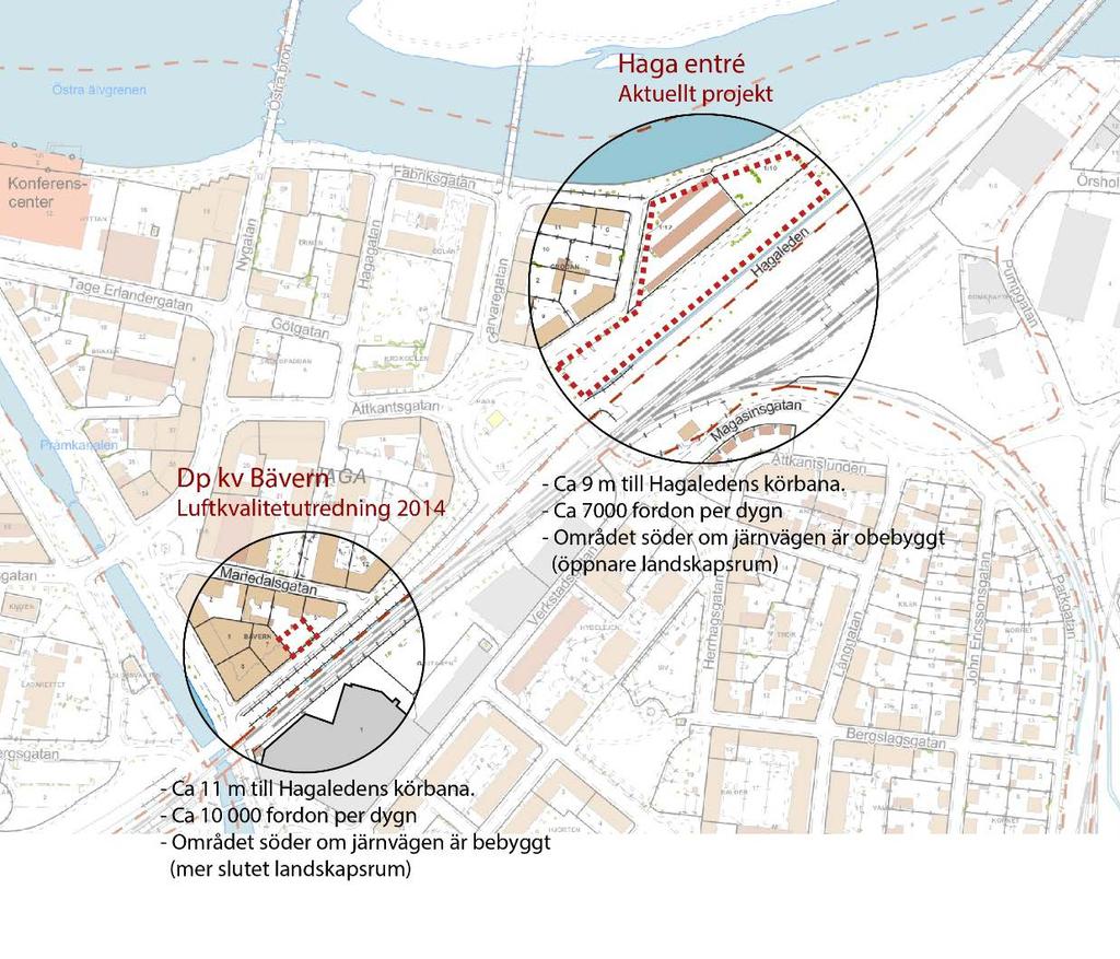 Jämförande karta mellan aktuellt projekt vid Haga entré och detaljplaneområdet för kv