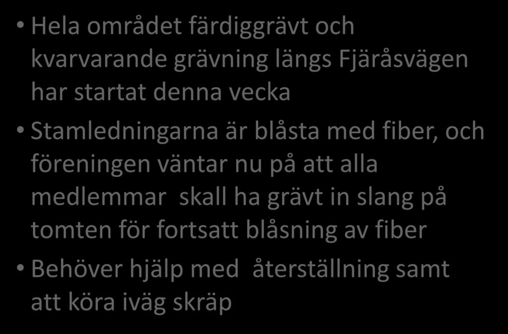 STATUS PER OMRÅDE ÅRENÄS, RAMHULTA, FJÄRÅSVÄGEN Hela området färdiggrävt och kvarvarande grävning längs Fjäråsvägen har startat denna vecka Stamledningarna är blåsta med fiber, och föreningen väntar