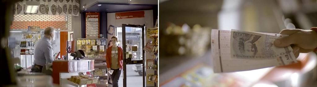 5.1.2.7 Scen 6 - Hos Svenska Spel Sekvens 1 Sekvens 2 Sekvens 3 Sekvens 4 Den sjätte scenen utspelar sig inomhus. Åskådaren betraktar ett rum med olika sorters hyllor, en disk och två personer.