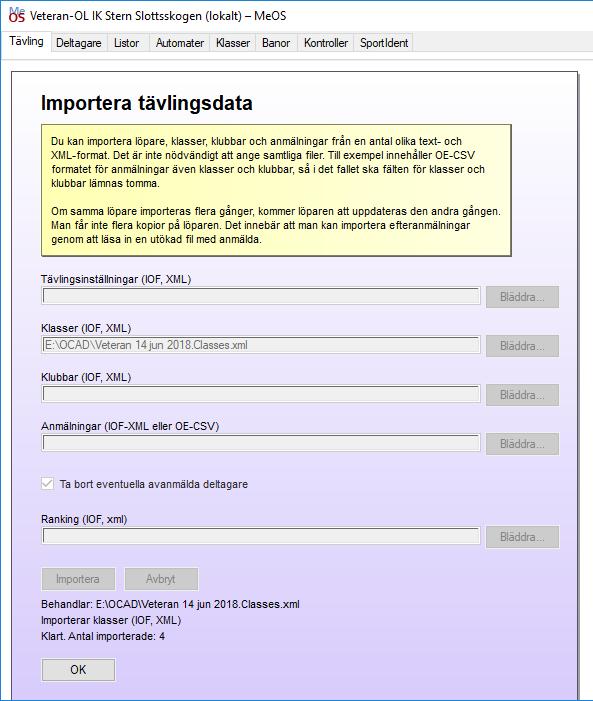 De klasser som importeras visas. Tryck sedan OK. Knyt varje klass till en bana Välj fliken Klasser.