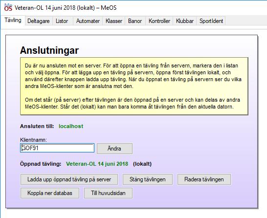 Där ska fälten vara förifyllda enligt: IP-adress: localhost Användarnamn: meos Lösenord: blankt Port: blankt Klientnamn: GOF91 Om inte, ändra