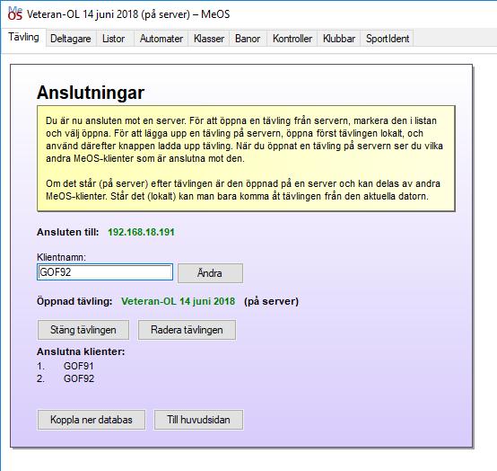 Nu ska bilden se ut som det visas här. Observera att det står (på server) både i bildens huvud och vid Öppnad tävling. Nu är även GOF92 klar.