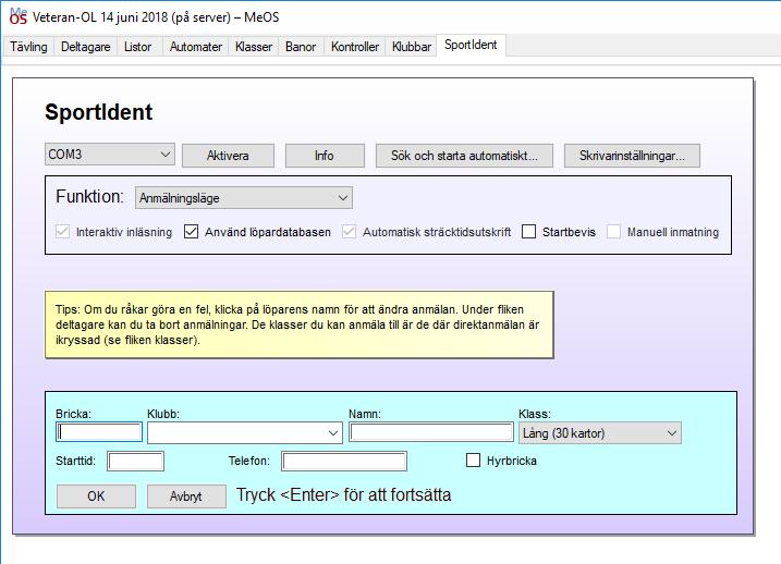 Nu letas avläsningsenheten upp av datorn och ansluts till MeOS.