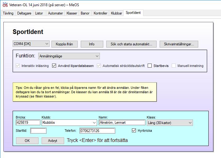Anmäl en testperson genom att sätta i en SI-pinne, som inte kommer att användas under tävlingen, i avläsningsenheten på GOF91.