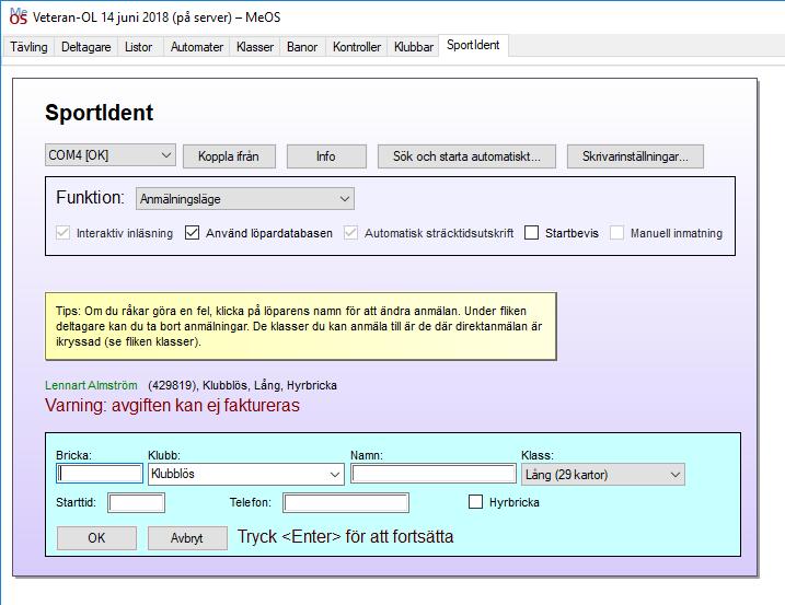 Vid inskrivning för hand av namn går det också bra att skriva Förnamn Efternamn (utan kommatecken), så ser MeOS till att det hanteras rätt vid överföringen till Eventor.