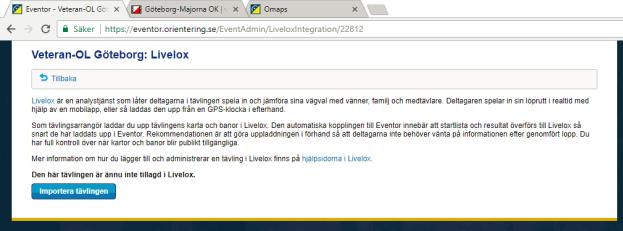 Lägg in tävlingen i Livelox Jag förutsätter att du redan har registrerat tävlingen i Eventor och kopierat över de korrekta klassnamnen till MeOS.