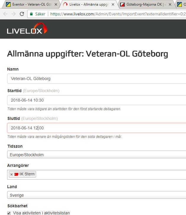 Ändra eventuellt sluttiden för tävlingen. Det är den tid då tävlande får tillgång till tävlingen i Livelox och kan lägga in sina spår.