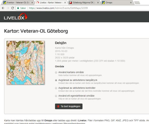Jag kan välja vilket utsnitt av kartan som ska visas i Livelox.
