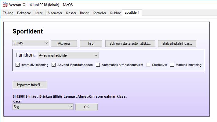 Inläsningarna visas undan för undan på samma sätt som vid den ursprungliga registreringen, tills alla stämplingar i loggfilen är inlästa.
