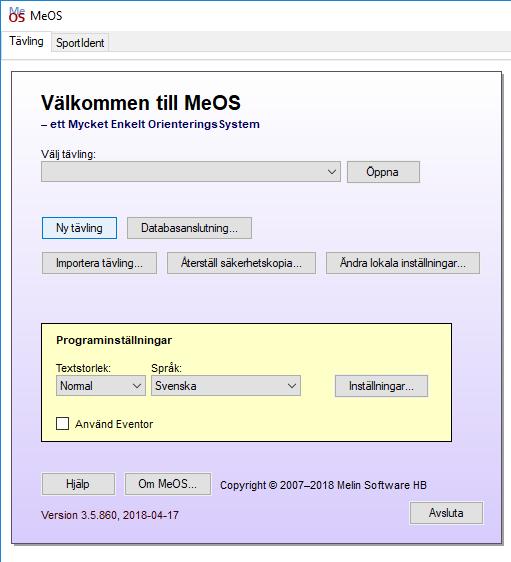 Ange allmänna uppgifter om tävlingen Starta MeOS genom att dubbelklicka på MeOSikonen. Tryck Ny Tävling.