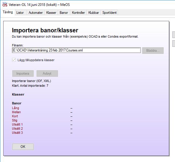 När importen är klar visas de banor som har importerats. Tryck OK.