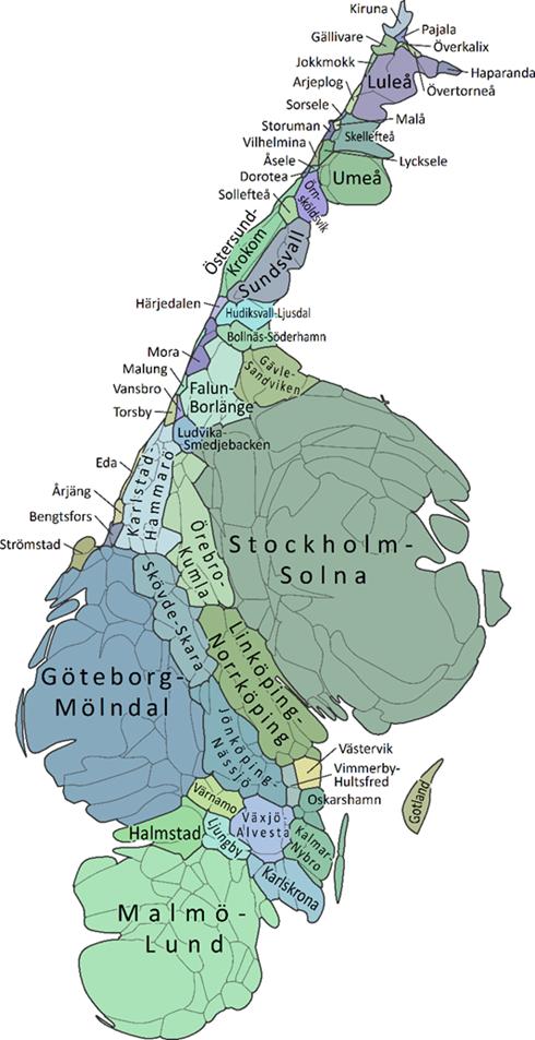 arbetsmarknadsregioner 2030 (ytan proportionell mot