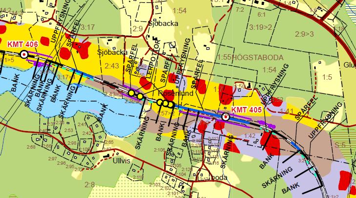 Figur 2-47 Utdrag ur plankarta avseende inventering av geologiska förhållanden, uppfrysningar, spårfel, lerpottor och befintliga förstärkningsåtgärder mellan Frövi-Storå (Dehlbom, 2005).