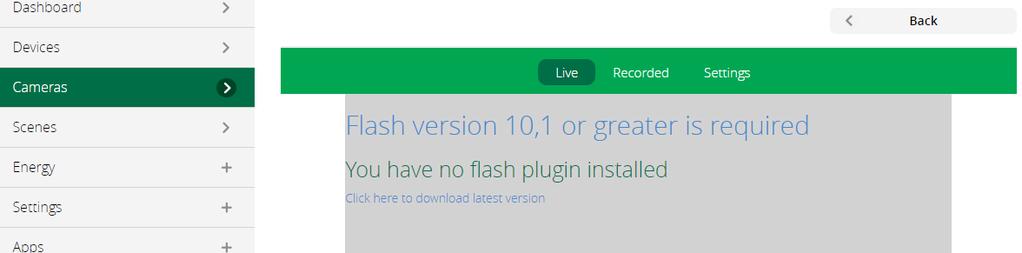 Livespelningen från din VistaCam700 kommer inte fungera korrekt än då VeraPlus livespelare kräver flash