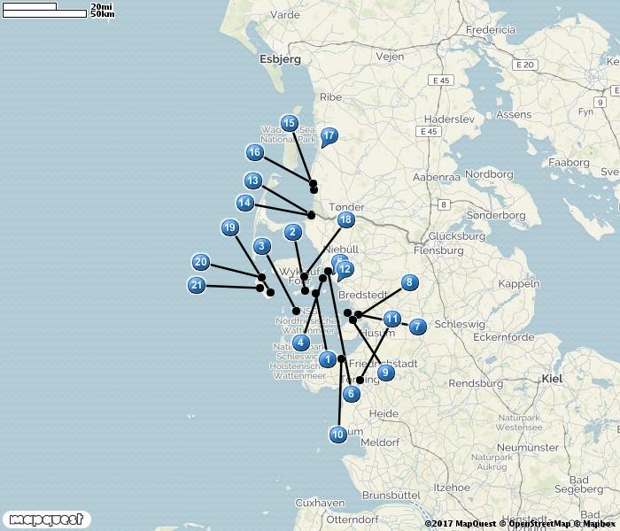 NORRA TYSKLAND OCH SÖDRA DANMARK 1. Färja Langeness 2. Langeneß 3. Hooge 4. Hallig Oland 5. Hauke Haien Koog 6. Hauke Haien Koog Nord 7. Hotel Arlau- Schleuse 8. Beltringharder Koog 9.