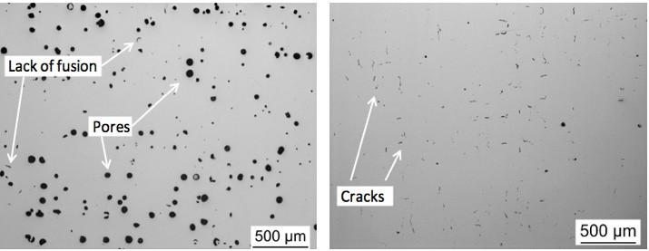Möjliga defekter i AM-material Med fel inställningar eller dåligt pulver kan vissa defekter uppstå: Osmält pulver Dålig vidhäftning Porer