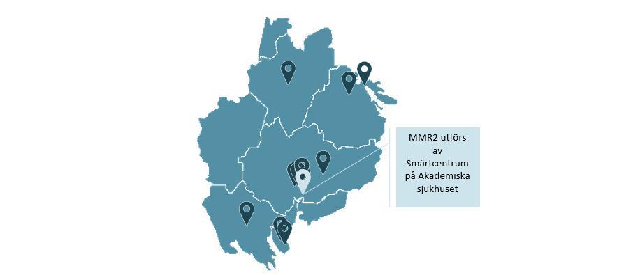 Figur 14. Geografisk placering av vårdcentraler som levererade MMR1 2016 Källa: Region Uppsala.