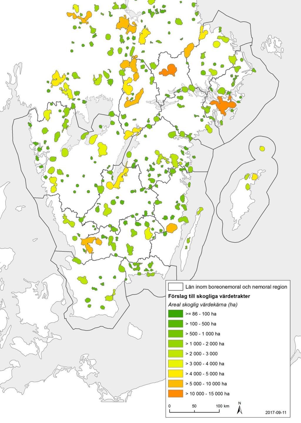 3.3.1 Statistik inom förslag till skogliga värdetrakter Med tillgång till statistik inom de föreslagna skogliga värdetrakterna går det att visualisera rumsliga mönster som tidigare inte