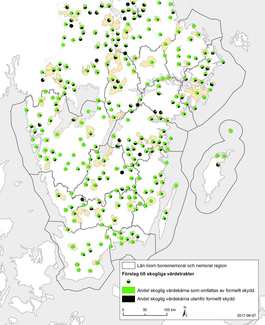 Figur 13. Andel skogliga värdekärnor som omfattas av formellt skydd eller ligger utanför områden med formellt skydd innanför de föreslagna skogliga värdetrakterna.