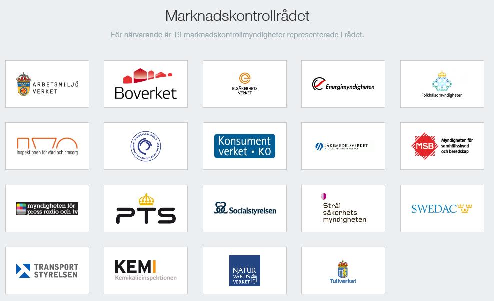 Myndigheter som ansvarar för marknadskontroll i Sverige För produktkrav se t ex https://www.marknadskontroll.se/ var-verksamhet/produktlagstifning/ Angränsande ansvar Arbetsmiljöverket Maskindirektivet ATEX-mek.