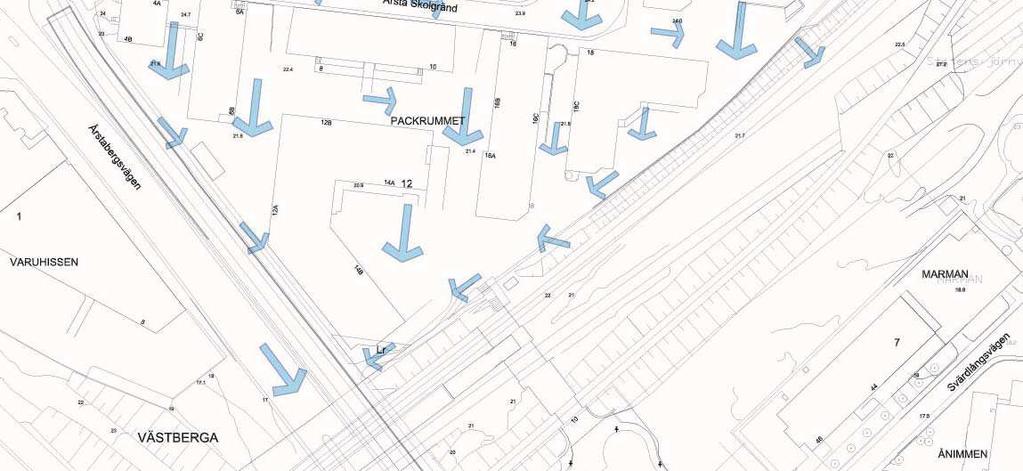 Höjdskillnader i fasadliv och mellan byggnader är ofta hanterade med murar. Nedfarter till källarplan förekommer också.