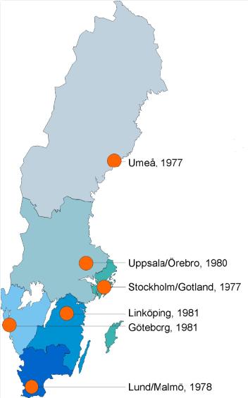 ationellt kvalitetsregister för urinblåsecancer, 212 1 Incidens och mortalitet Figur 1. De sex sjukvårdsregionerna. Årtalen anger tidpunkten för grundandet av respektive onkologiskt centrum.