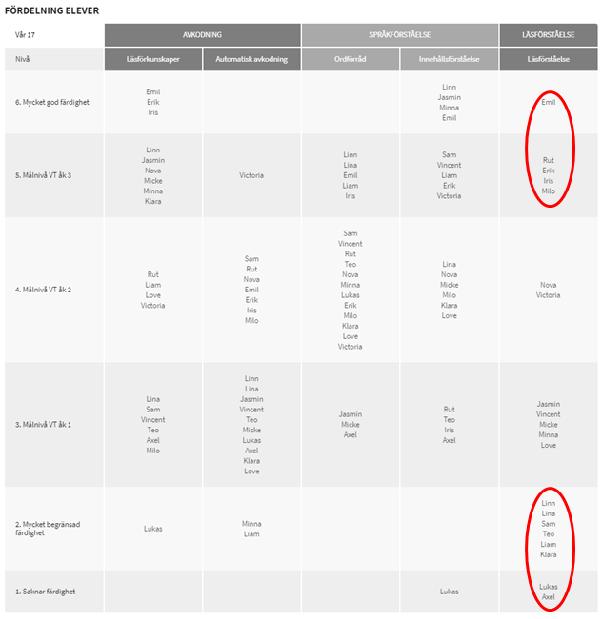PÅ KLASSNIVÅ Tabellen visar hur klassens elever fördelar sig inom respektive område Grupperar elever med liknande styrkor och/el svagheter Kan med fördel användas i lektionsplaneringen Två