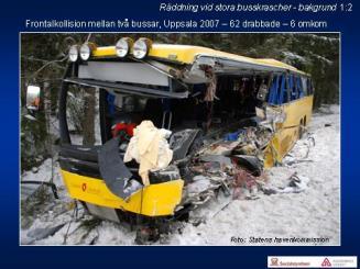 utredningar. 1:2 1:3 Bilden visar den ena bussen från frontalkollisionen mellan två exakt likadana bussar vid Rasbo utanför Uppsala i februari 2007. Deformationen blev likartad på bägge bussarna.