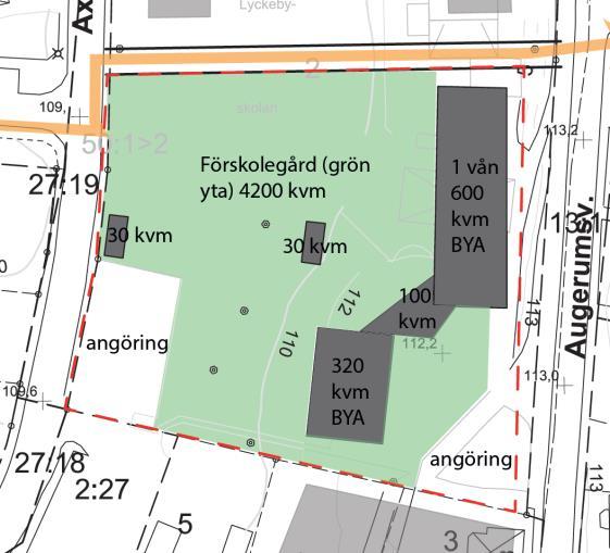 Planförslag och konsekvenser En maximal exploatering enligt planförslaget innebär att området som är tänkt för förskola (och eventuellt kompletterande användningar) kan innehålla byggnader med en