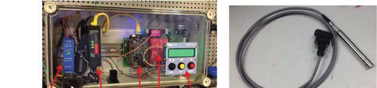 Figur 6.5 Det fysiska sensorsystemet för elektronisk tunga-mätning i fält. Till vänster visas mätelektroniken som bl.a. innehåller den dator som styr, mäter och kommunicerar.