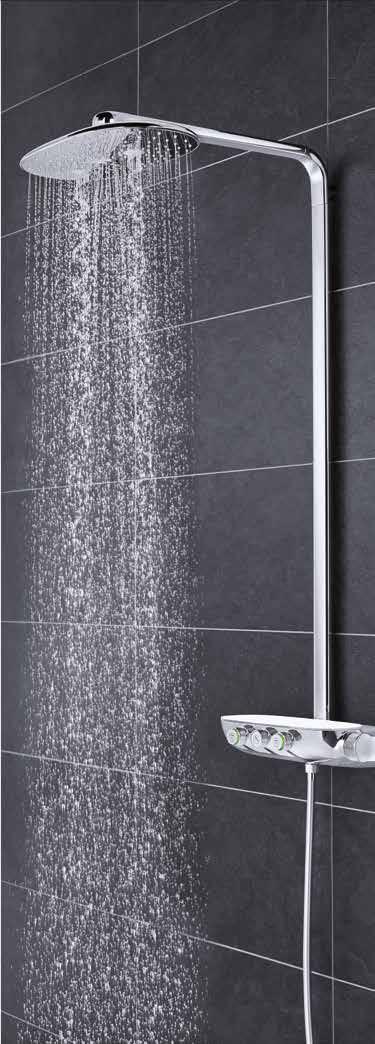 De innovativa funktionerna hos GROHE SmartControl-duschssystemet är dolt bakom en 10 mm tunn väggplatta; För precis och intuitiv justering av vattenflöde och kontroll av strålmönster med ett