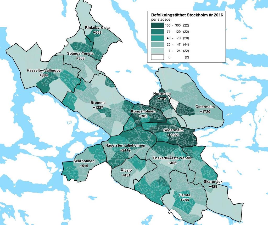 Figur 1: Befolkningstäthet i Stockholms stads stadsdelar samt