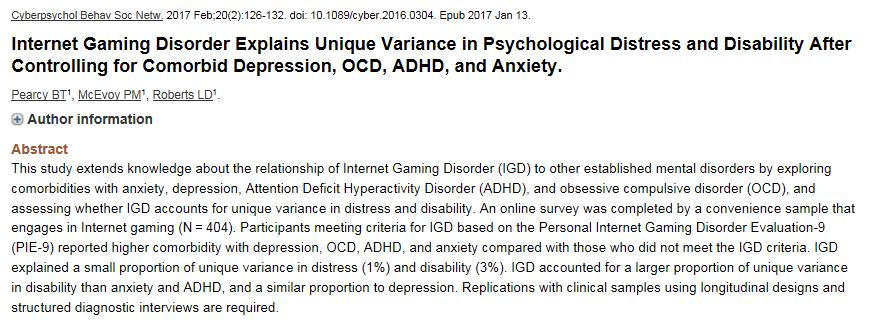 Internet gaming disorder högre förekomst av ADHD, OCD, depression