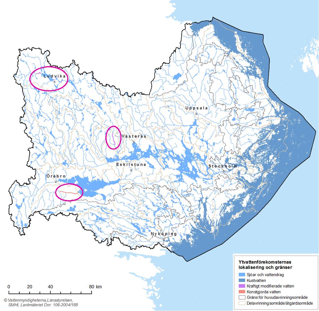 Karta 3.3. Ytvattenförekomsternas lokalisering och gränser i Norra Östersjöns vattendistrikt.