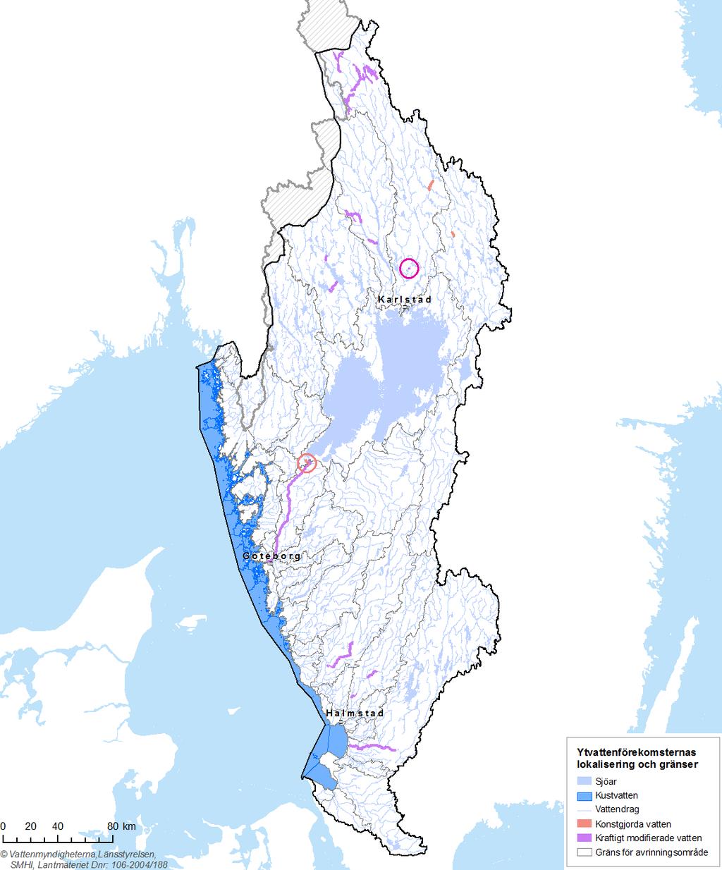 Karta 3.5. Ytvattenförekomsternas lokalisering och gränser i Västerhavets vattendistrikt.