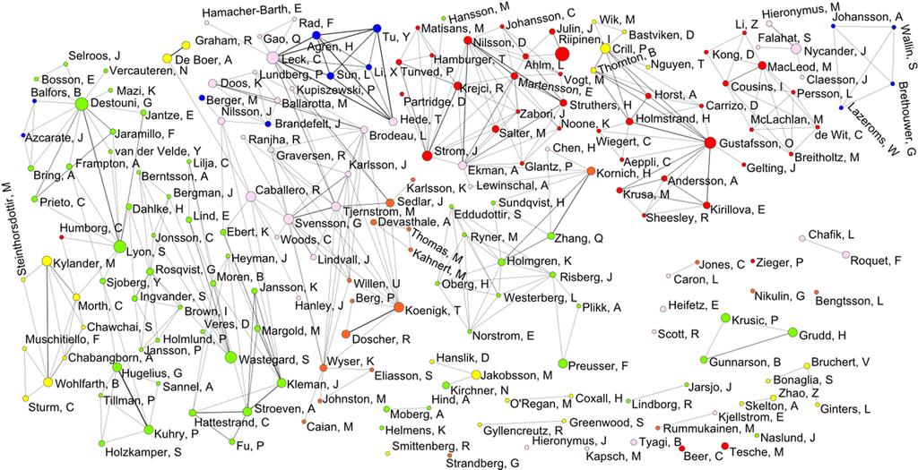 Figur 3. Sampubliceringsnätverk med BBCC-författare som noder. Publiceringsår: 2013. Antal noder = 197.