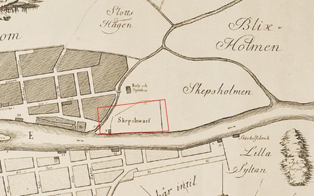 Figur 13. Karta från år 1769 som visar vattendraget Lillån med en röd pil.