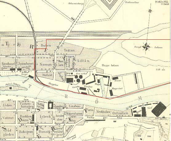 Karta från 1858 där varvet med dockan, gasverket och den delvis igenfyllda Lillån visas. Lillåns läge markeras med röd pil.