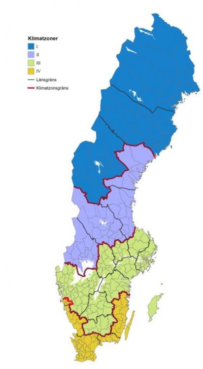 Klimatzonerna i BBR 22-24 Klimatzon I: Norrbottens, Västerbottens och Jämtlands län. Klimatzon II: Västernorrlands, Gävleborgs, Dalarnas och Värmlands län.