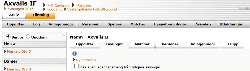 (3) Klicka på Ny anmälan och följande ruta kan komma upp - Klicka på OK (4) TÄVLINGSKATEGORI: Klicka på rullisten och välj kategorin som du ska anmäla laget till.