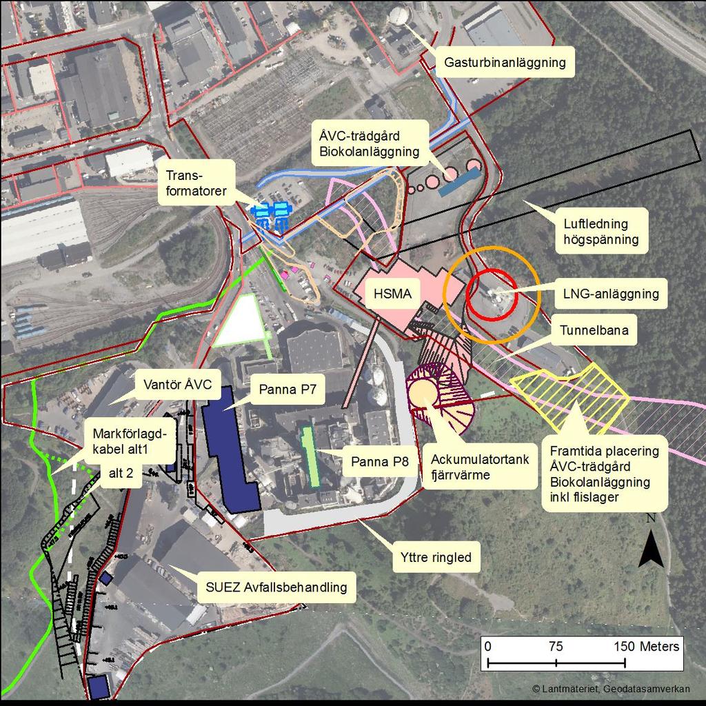 Figur 1. Översikt över området med befintliga och planerade verksamheter/anläggningar. Röd och orange cirkel kring LNG-anläggningen betecknar 25 respektive 50 meters avstånd.