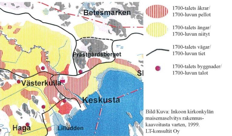 Utredning om förhållandena i planeringsområdet Historia Kyrkbyns utvecklingshistoria Ingå kyrkby har utvecklats kring knutpunkten mellan två medeltida kommunikationsleder, Stora Strandvägen och Ingå